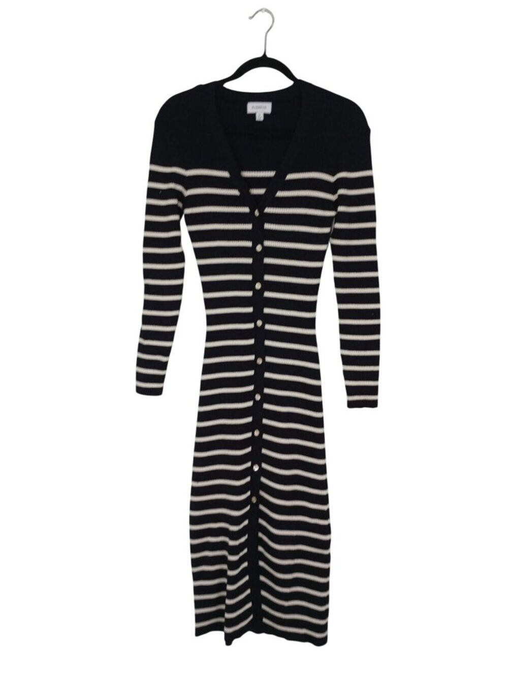 Evereve Striped Ribbed Knit Long Button-Up Cardigan Dress Black & White Size M - Picture 2 of 12